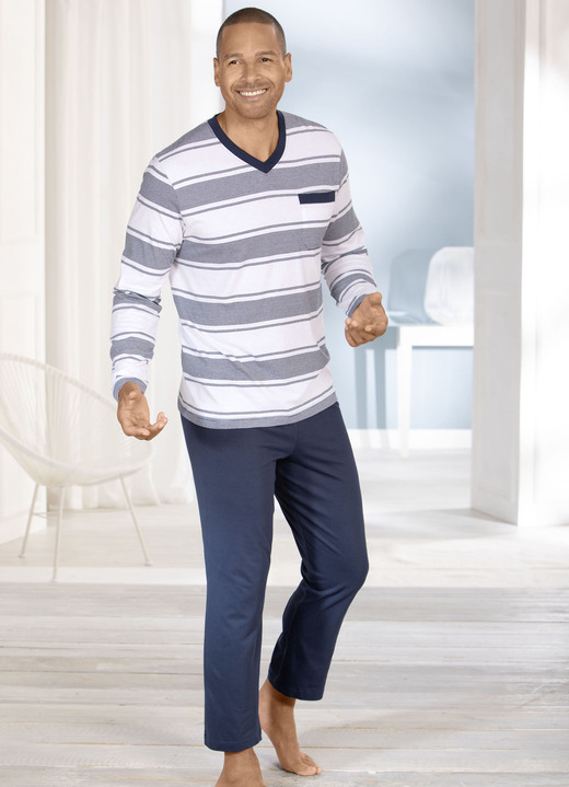 Pyjamas - Zweierpack Schlafanzüge mit V-Ausschnitt und offenen Abschlüssen, in Größe 046 bis 062, in Farbe 1X MARINE-WEISS, 1X WEISS-MARINE Ansicht 1