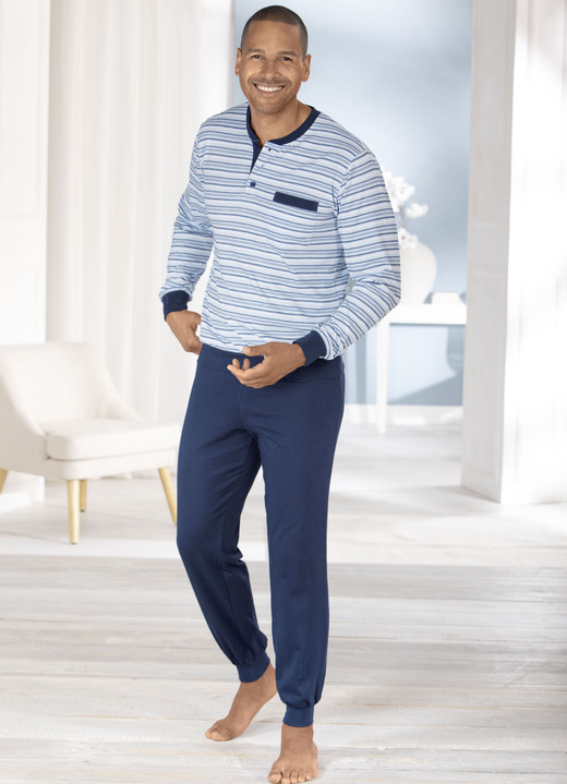 Pyjamas - Set: Schlafanzug + Shorty mit Knopfleiste, in Größe 046 bis 062, in Farbe BLEU-MARINE Ansicht 1