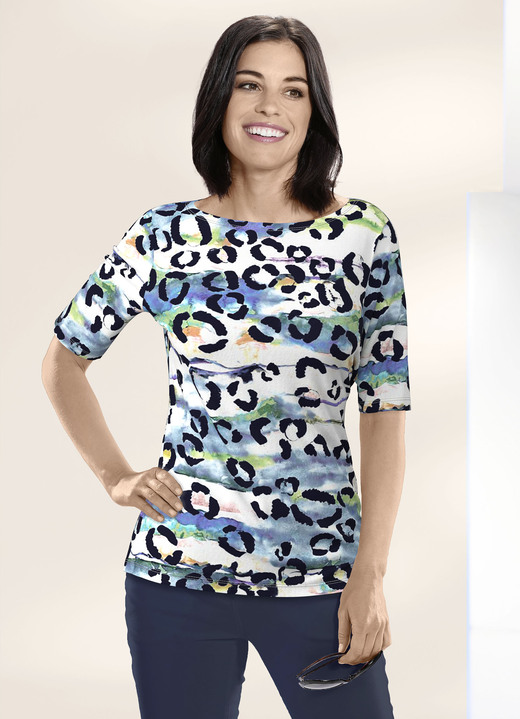 Kurzarm - Shirt mit U-Boot-Ausschnitt , in Größe 036 bis 052, in Farbe BLAU-ECRU-BUNT