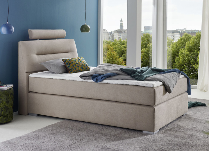 Boxspringbetten - Boxspringbett mit Topper und Bettkasten, in Farbe CREME, in Ausführung mit Bonnell-Federkernmatratze Ansicht 1