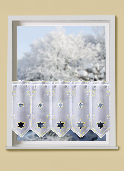 Kurzgardinen - Edler Kurzstore mit Plauener Stickerei, in Größe 786 (H45xB 96 cm) bis 791 (H45xB160 cm), in Farbe WEISS-GOLD Ansicht 1