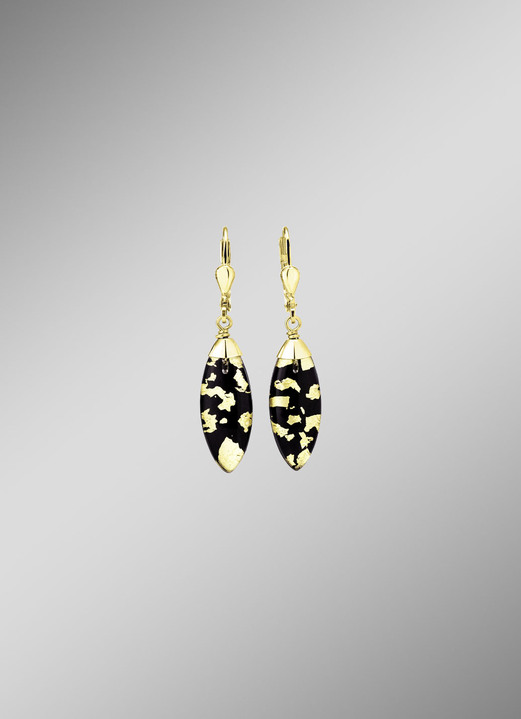 Ohrschmuck - Ohrringe mit Onyx, beh. und Bergkristall mit Blattgold-Triplette, in Farbe  Ansicht 1