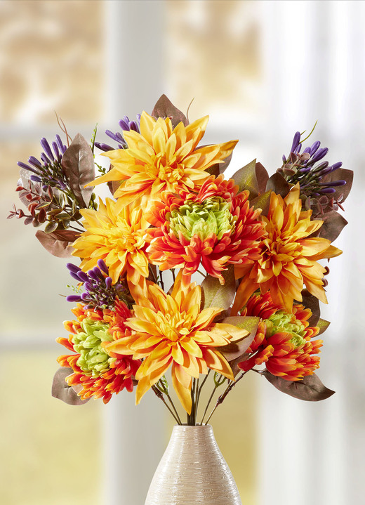 Kunst- & Textilpflanzen - Herbstlicher Dahlien-Chrysanthemen-Strauss, in Farbe GELB-ORANGE