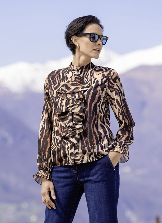 Blusen - Bluse mit verspielten Volants Blusen - Bluse mit verspielten Volants, in Größe 036 bis 052, in Farbe SCHWARZ-BRAUN-BEIGE