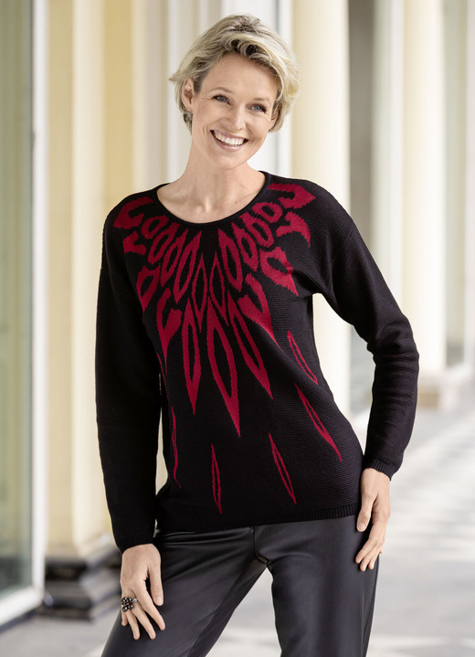 Pullover - Pullover mit edel glänzendem Jacquard, in Größe L(44/46) bis XXL(52/54), in Farbe SCHWARZ-ROT