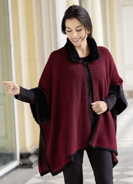Ponchos - Poncho mit Kunstpelzbesätzen, in Größe 1(36-42) bis 3(50-54), in Farbe SCHWARZ-ROT Ansicht 1