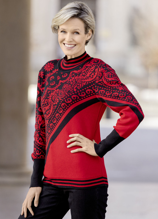 Langarm - Pullover in Jacquard-Dessin Langarm - Pullover in Jacquard-Dessin, in Größe 036 bis 052, in Farbe ROT-SCHWARZ