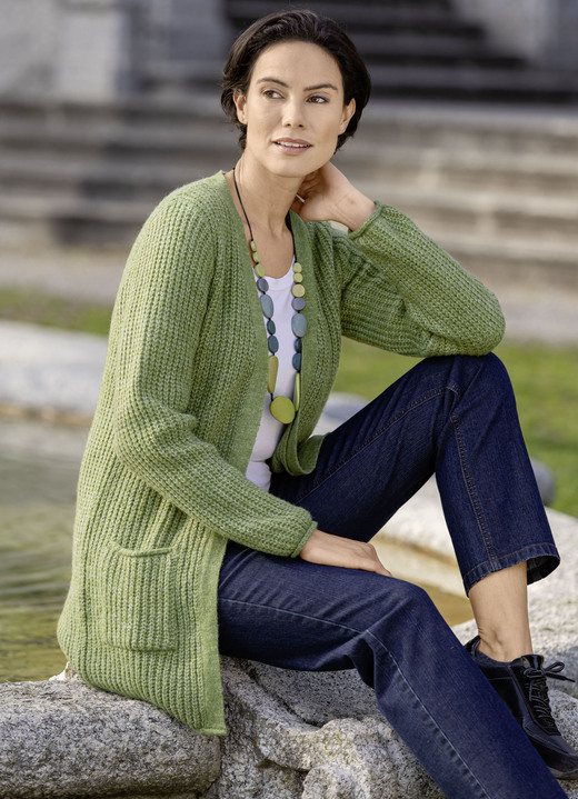 Basics - Long-Strickjacke in Perlfang, in Größe L(44/46) bis XXL(52/54), in Farbe LIMETTE MELIERT Ansicht 1