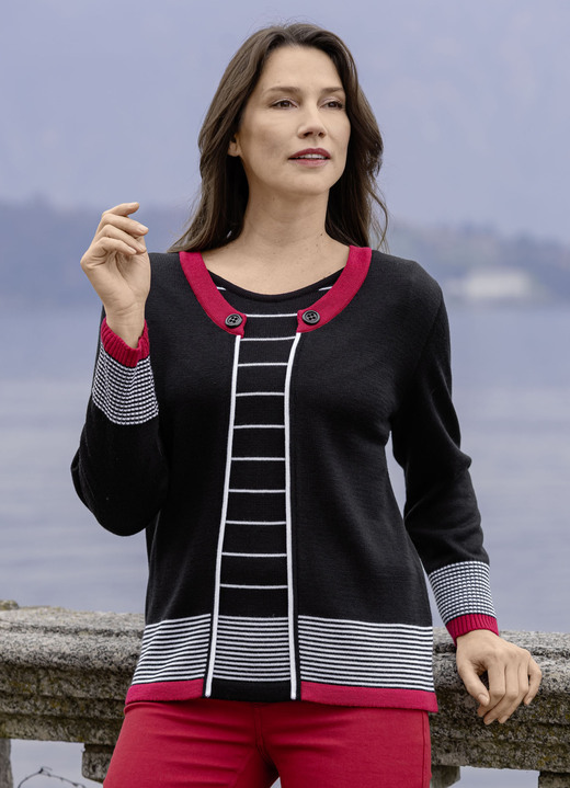 Pullover - Pullover in Doppel-Optik, in Größe 038 bis 054, in Farbe SCHWARZ-ROT-WEISS Ansicht 1