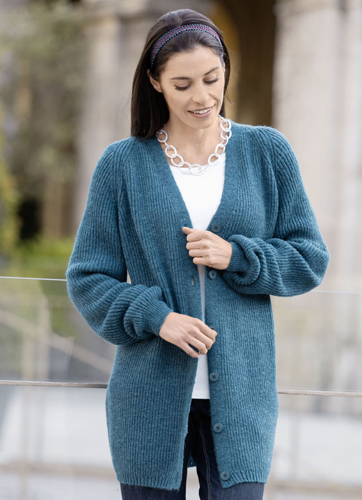 Basics - Long-Strickjacke in Perlfang, in Größe 038 bis 054, in Farbe PETROL MELIERT Ansicht 1