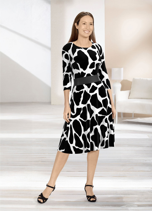 Abendmode - Kleid mit breitem Kunstleder-Einsatz, in Größe 019 bis 054, in Farbe SCHWARZ-WEISS