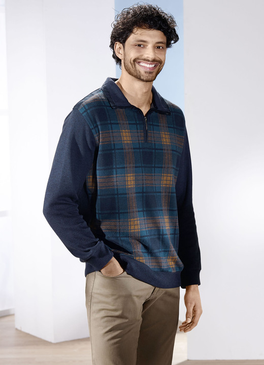 Sweatshirts - Troyer mit kurzem Reissverschluss, in Größe 046 bis 062, in Farbe MARINE KARIERT