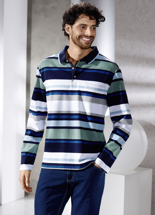 Sweatshirts - Poloshirt mit Seitenschlitzen Sweatshirts - Poloshirt mit Seitenschlitzen, in Größe 046 bis 062, in Farbe JADEGRÜN-MARINE-WEISS