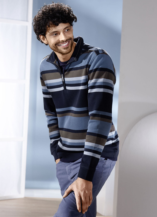 Sweatshirts - Troyer mit kurzem Reissverschluss Sweatshirts - Troyer mit kurzem Reissverschluss, in Größe 3XL (64/66) bis XXL (60/62), in Farbe MARINE-JEANSBLAU GESTREIFT