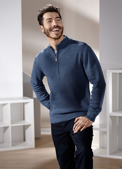 Uni -  Unifarbener Stehkragenpullover in 3 Farben, in Größe 046 bis 062, in Farbe JEANSBLAU Ansicht 1