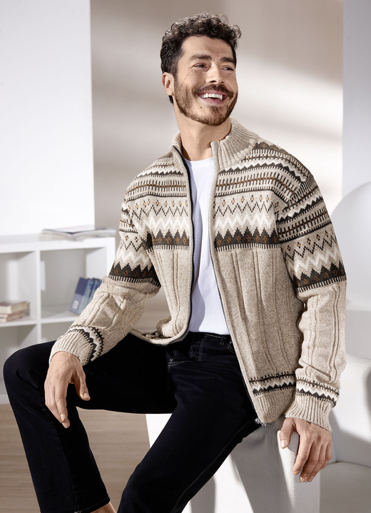 Strickjacken - Jacke mit durchgehendem Reissverschluss, in Größe 046 bis 062, in Farbe BEIGE-BRAUN MELIERT Ansicht 1