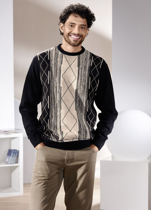 Gemustert - Rundhalspullover mit Jacquarddessin, in Größe 046 bis 062, in Farbe SCHWARZ-BEIGE Ansicht 1
