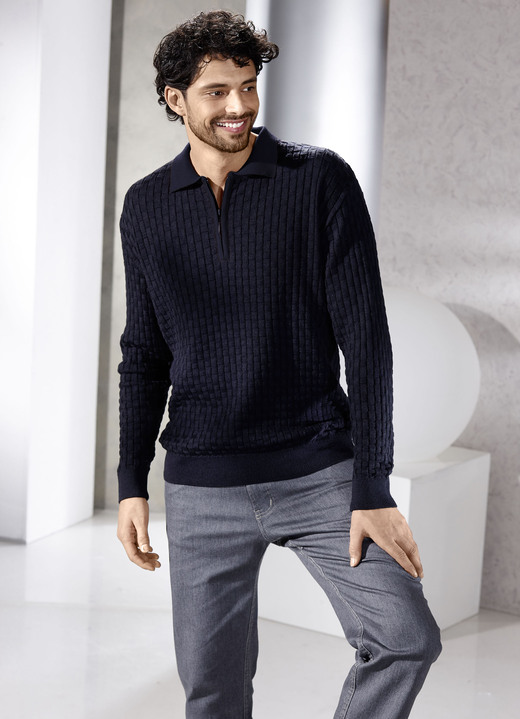 Uni - Polopullover mit kurzem Reissverschluss in 3 Farben Uni - Polopullover mit kurzem Reissverschluss in 3 Farben, in Größe 046 bis 062, in Farbe MARINE