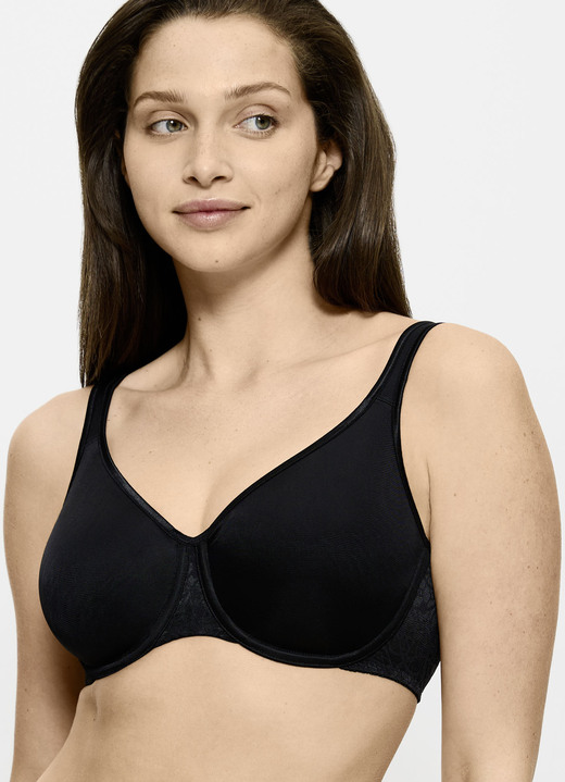 BH mit Formbügel - Triumph-Comfort Minimizer-Bügel-BH mit elastischer Tüllstickereispitze, in Größe 075 bis 095, in Cup F, in Farbe SCHWARZ Ansicht 1