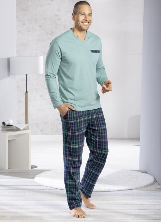 Pyjamas - Comte-Schlafanzug mit V-Ausschnitt und offenen Abschlüssen, in Größe 046 bis 062, in Farbe MINT-MARINE-BUNT Ansicht 1