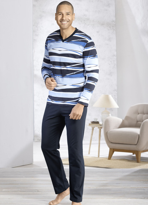 Pyjamas - Schlafanzug mit V-Ausschnitt und offenen Abschlüssen, in Größe 046 bis 062, in Farbe HELLBLAU-NAVY-BUNT Ansicht 1