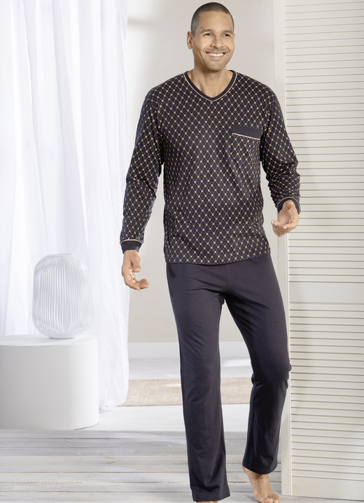 Pyjamas - Schlafanzug mit V-Ausschnitt und offenen Abschlüssen, in Größe 046 bis 064, in Farbe ANTHRAZIT-ECRU Ansicht 1