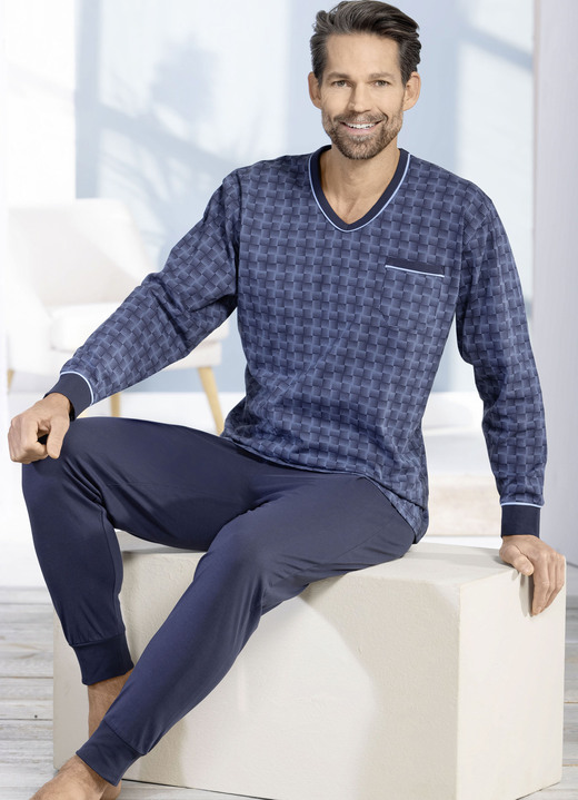 Pyjamas - Schlafanzug mit V-Ausschnitt und Bündchenabschlüssen, in Größe 046 bis 066, in Farbe BLEU-MARINE Ansicht 1