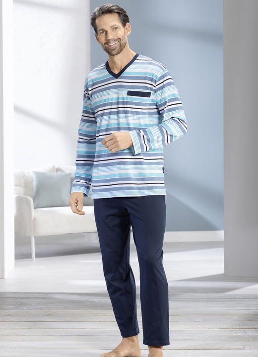 Pyjamas - Zweierpack Schlafanzüge mit V-Ausschnitt und offenen Abschlüssen, in Größe 046 bis 062, in Farbe 1X BLAU-BORDEAUX-MARINE, 1X RAUCHBLAU-TÜRKIS-NAVY Ansicht 1