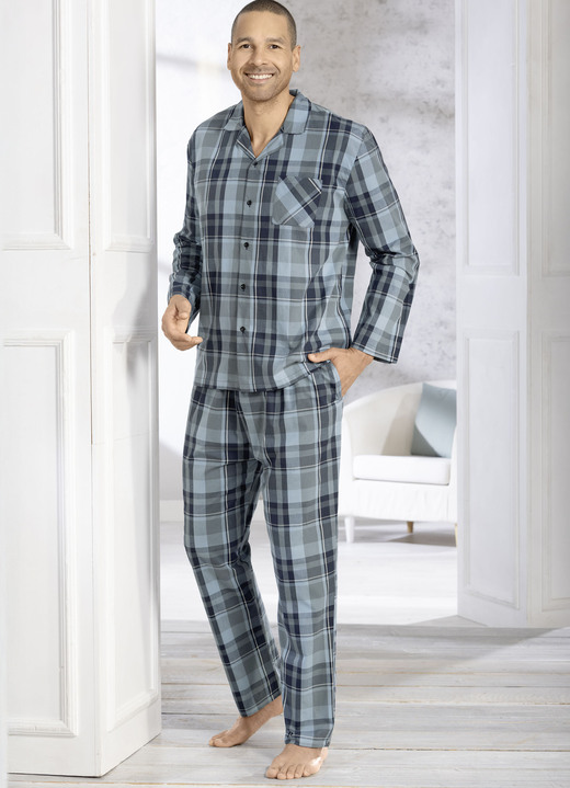 Pyjamas - Comte-Schlafanzug mit durchgeknöpftem Oberteil, in Größe 046 bis 060, in Farbe MINT-MARINE-BUNT Ansicht 1