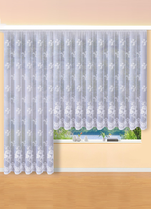 Klassisch - Floral dessinierter Vorhang mit Universalschienenband, in Größe 136 (H100xB300 cm) bis 298 (H245xB600 cm), in Farbe WEISS Ansicht 1