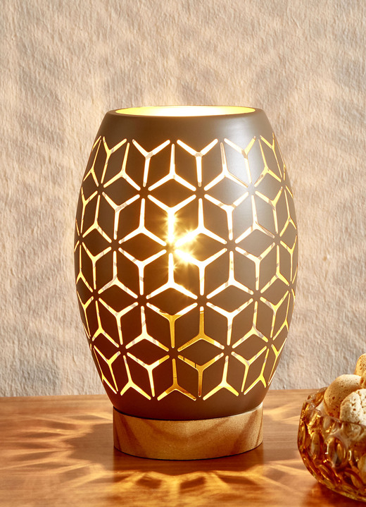Tischlampe - Tischlampe mit Metall-Lampenschirm und Holz-Sockel, in Farbe BRAUN-GOLD Ansicht 1