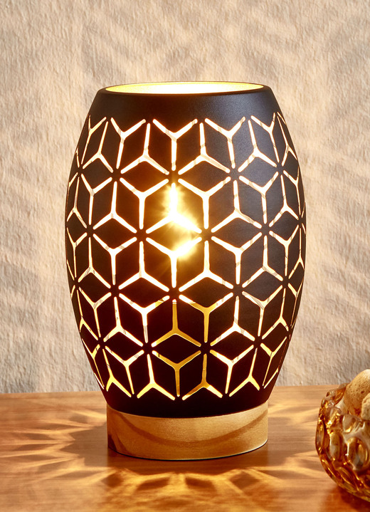 Tischlampe - Tischlampe mit Metall-Lampenschirm und Holz-Sockel, in Farbe SCHWARZ-GOLD Ansicht 1