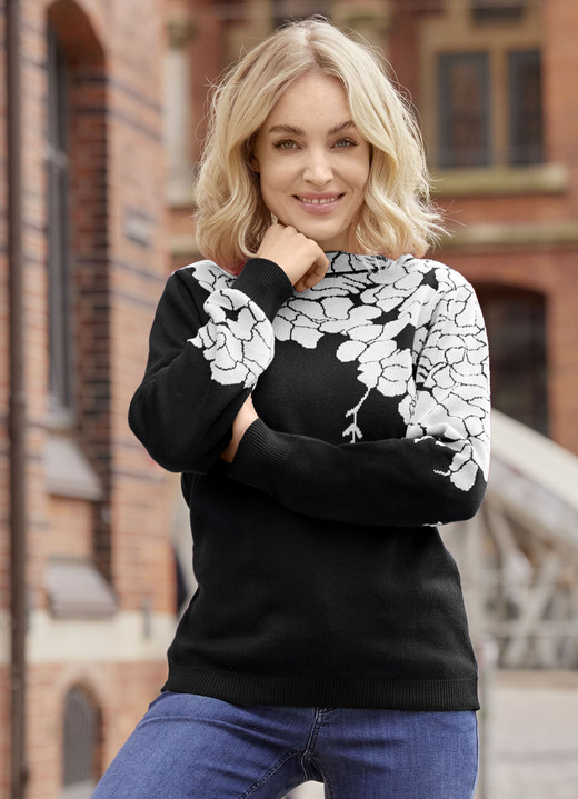 Laura Kent - Pullover mit floralen Jacquardakzenten Laura Kent - Pullover mit floralen Jacquardakzenten, in Größe 038 bis 054, in Farbe SCHWARZ-WEISS