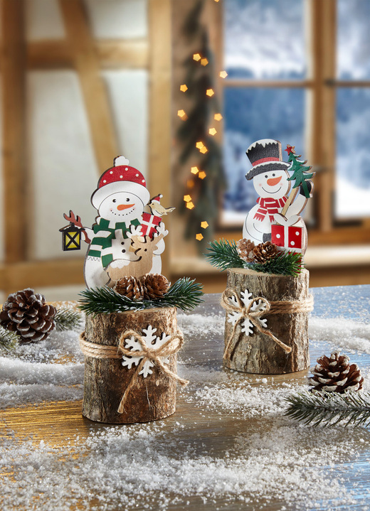 Weihnachtliche Dekorationen - Schneemann auf Baumstamm, 2er-Set, in Farbe BUNT