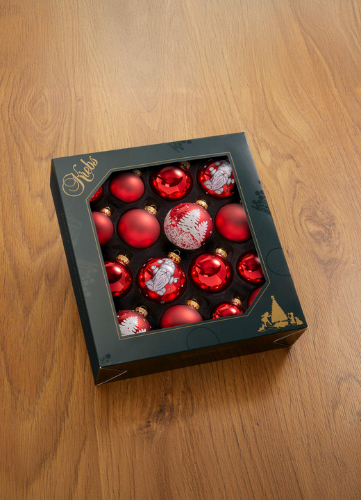 Christbaumschmuck - Weihnachtsbaumkugeln aus Glas, 16-teilig, in Farbe ROT, in Ausführung Mit Tannen- und Gnom-Motiv Ansicht 1