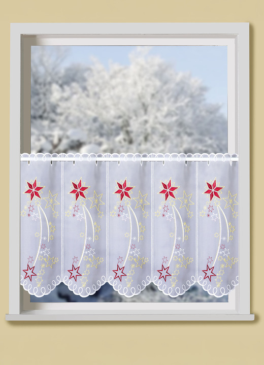 Fensterdekorationen - Kurzvorhang mit echter Plauener Stickerei und metallisiertem Garn, in Größe 786 (H45xB 95 cm) bis 794 (H45xB193 cm), in Farbe WEISS-ROT-GOLD Ansicht 1