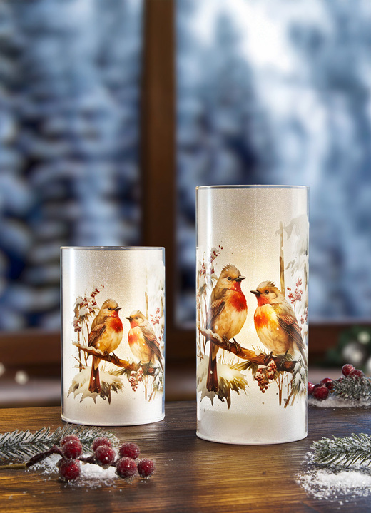 Weihnachtliche Dekorationen - Beleuchtetes Windlicht aus Milchglas, 2er-Set, in Farbe WEISS-BRAUN-ROT