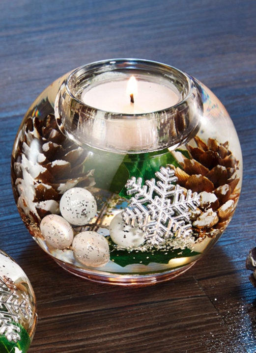Weihnachtliche Dekorationen - Teelichthalter aus mundgeblasenem Glas, in Farbe WEISS-GRÜN, in Ausführung Kugel Ansicht 1