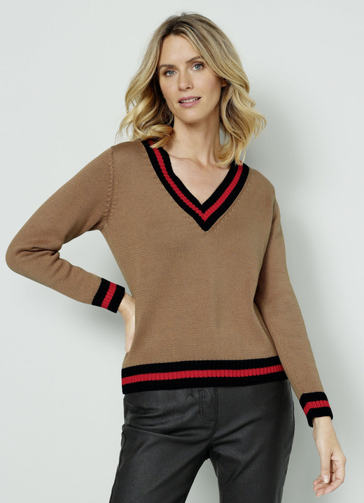 Langarm - Pullover mit Kontrastringeln Langarm - Pullover mit Kontrastringeln, in Größe 038 bis 052, in Farbe CAMEL-KORALLE-SCHWARZ