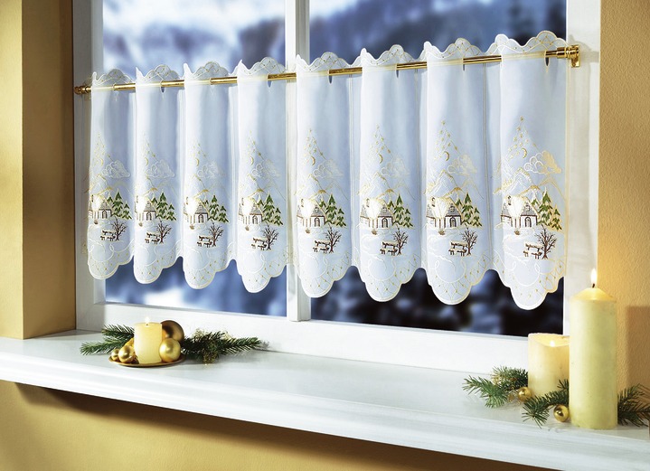 Kurzgardinen - Kurzvorhang mit herrlichem Weihnachts-Dessin, in Größe 662 (H30xB128 cm) bis 829 (H50xB175 cm), in Farbe WEISS-GRÜN