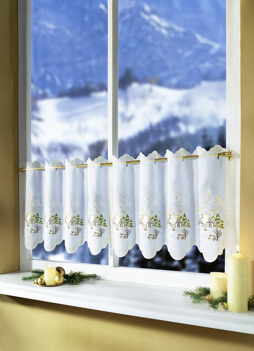 Kurzgardinen - Kurzvorhang mit herrlichem Weihnachts-Dessin, in Größe 662 (H30xB128 cm) bis 829 (H50xB175 cm), in Farbe WEISS-GRÜN Ansicht 1