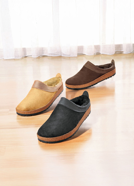 Sandaletten & Pantoletten - «Haflinger» Lammfell-Clog in verschiedenen Farben für Damen und Herren, in Größe 036 bis 046, in Farbe SCHWARZ Ansicht 1