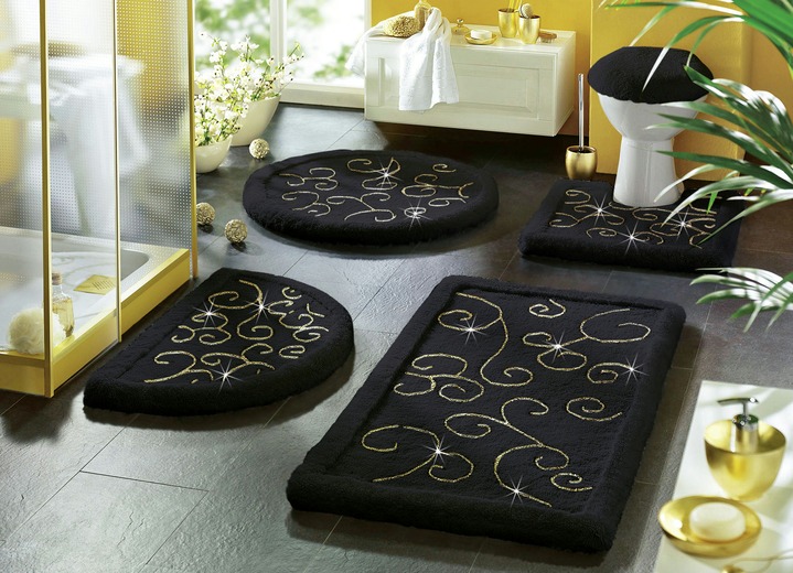 - «RHOMTUFT» Luxus-Badgarnituren mit edlen Lurex-Ranken, in Größe 100 (Vorleger halbrund, 50/ 80 cm) bis 112 (WC-Deckelbezug 45/ 50 cm), in Farbe SCHWARZ-GOLD