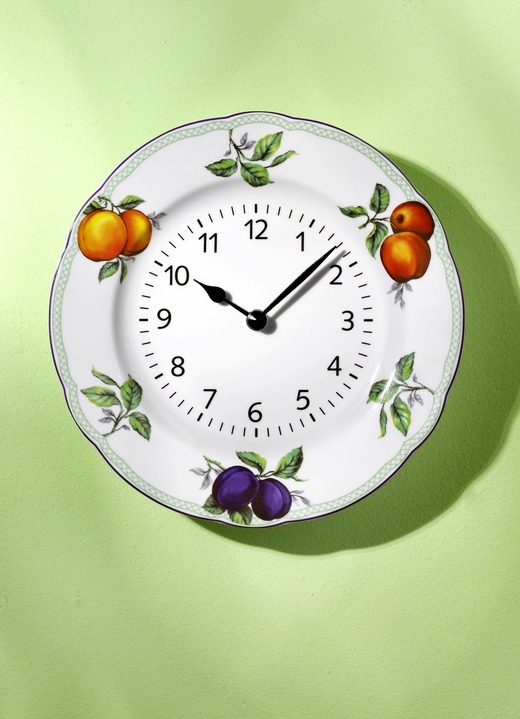 Uhren - Wanduhr aus Keramik, mit Obstdekor, in Farbe