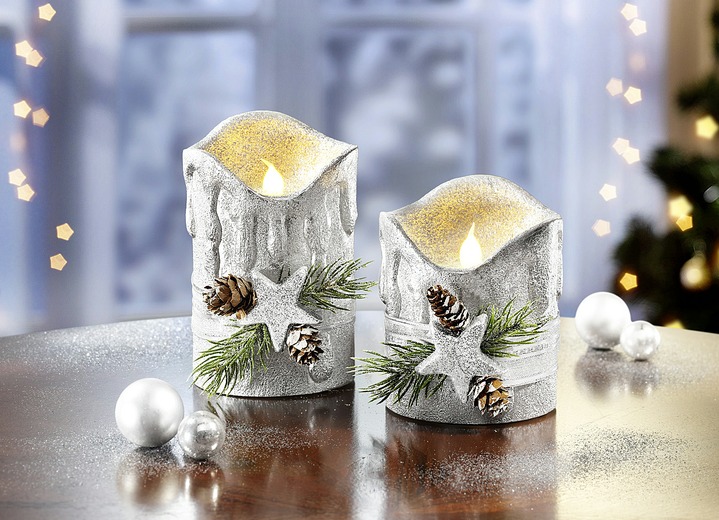 Weihnachtliche Dekorationen - LED-Echtwachskerzen, 2er-Set, in Farbe SILBER Ansicht 1