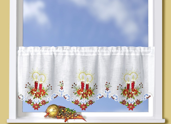 Kurzgardinen - Kurzvorhang mit Kerzen-Motive, in Größe 662 (H30xB120 cm) bis 827 (H50xB120 cm), in Farbe WEISS-ROT Ansicht 1