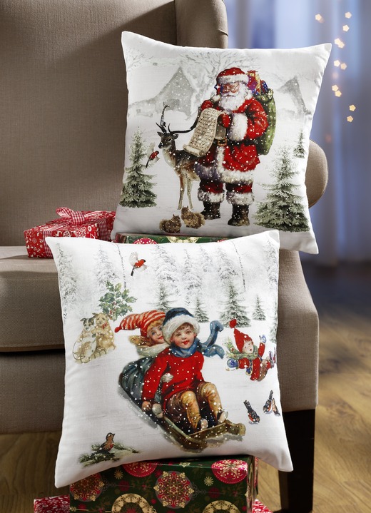 Weihnachtliche Dekorationen - Kissenbezug mit detailverliebt gestalteten Motiven, in Farbe WEIß-ROT, in Ausführung Weihnachtsmann