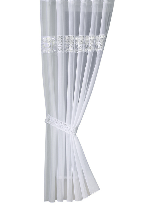 Kurzgardinen - Übergardine mit aufwendig gearbeiteten Klöppelspitzen-Borte, in Größe 456 (H245xB135 cm) bis 899 (1 Raffhalter, 60 cm), in Farbe WEISS, in Ausführung mit Universalschienenband Ansicht 1