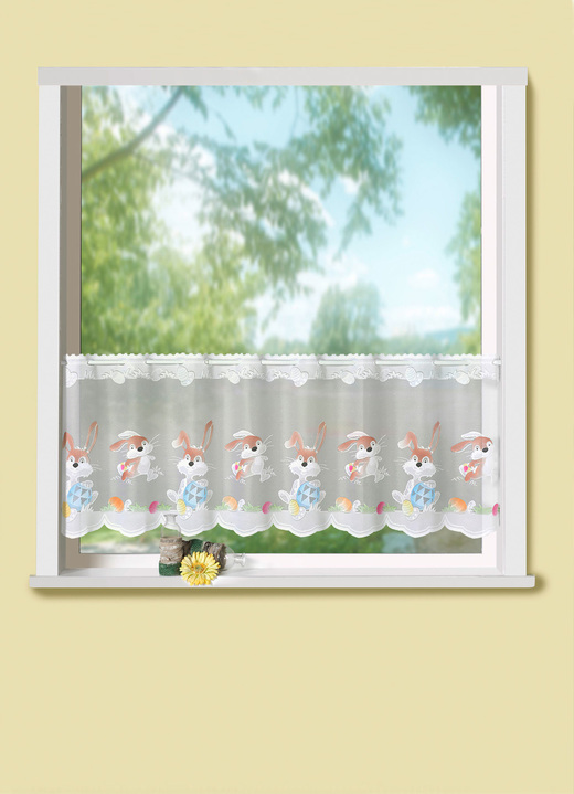 Tisch- & Fensterdekorationen - Kurzvorhang «Osterhase», in Größe 784 (H45xB 90 cm) bis 862 (H60xB150 cm), in Farbe WEISS-BUNT