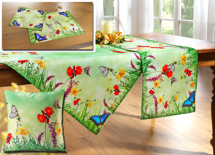 Tischdecken - Tisch- und Raumdekoration mit Schmetterlings-Motiven, in Größe 102 (Läufer, 40x 85 cm) bis 301 (2 Deckchen, 40x 40 cm), in Farbe BUNT